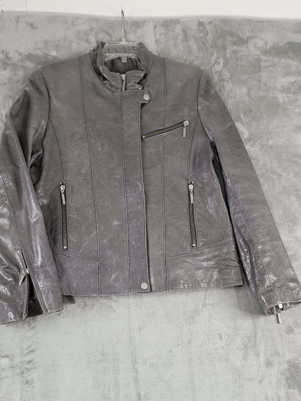 Vintage COLLEZIONE Genuine Leather Metallic Gray Moto Styling Jacket Size L - Picture 4 of 11